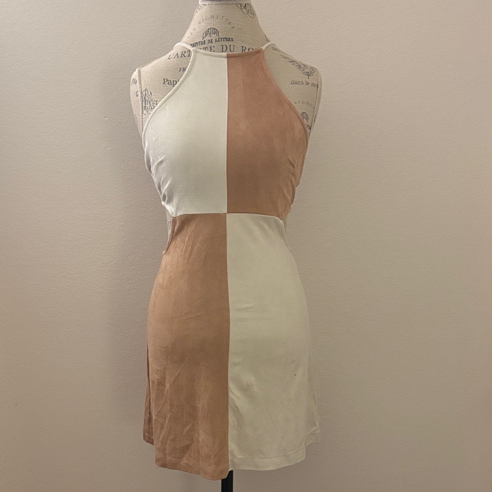 Halter Colorblock Mini Dress in Cream and Tan